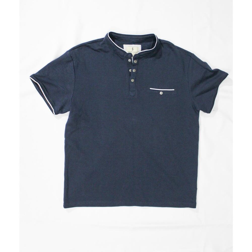 NWOT Scott James Men's Short Sleeve Henley Polo Navy Blue White Trim Size XL